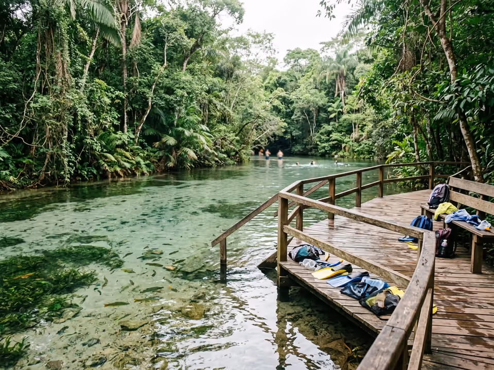 Trecho raso e calmo do Aquário Natural, na nascente do Rio Baía Bonita, com pequenos peixes sobre o fundo de areia clara