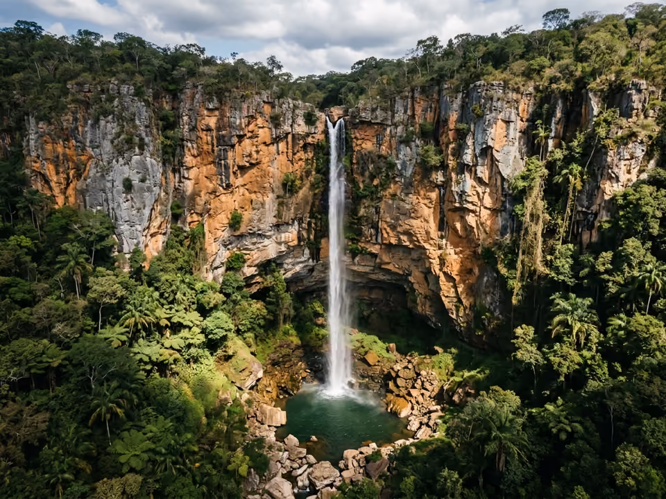 Queda d'água de 156 metros da cachoeira Boca da Onça despencando por paredão de rocha cercado pela mata da serra da Bodoquena