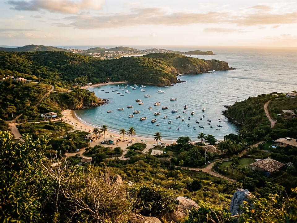 Baía em forma de ferradura com água calma e barcos ancorados, vista das colinas