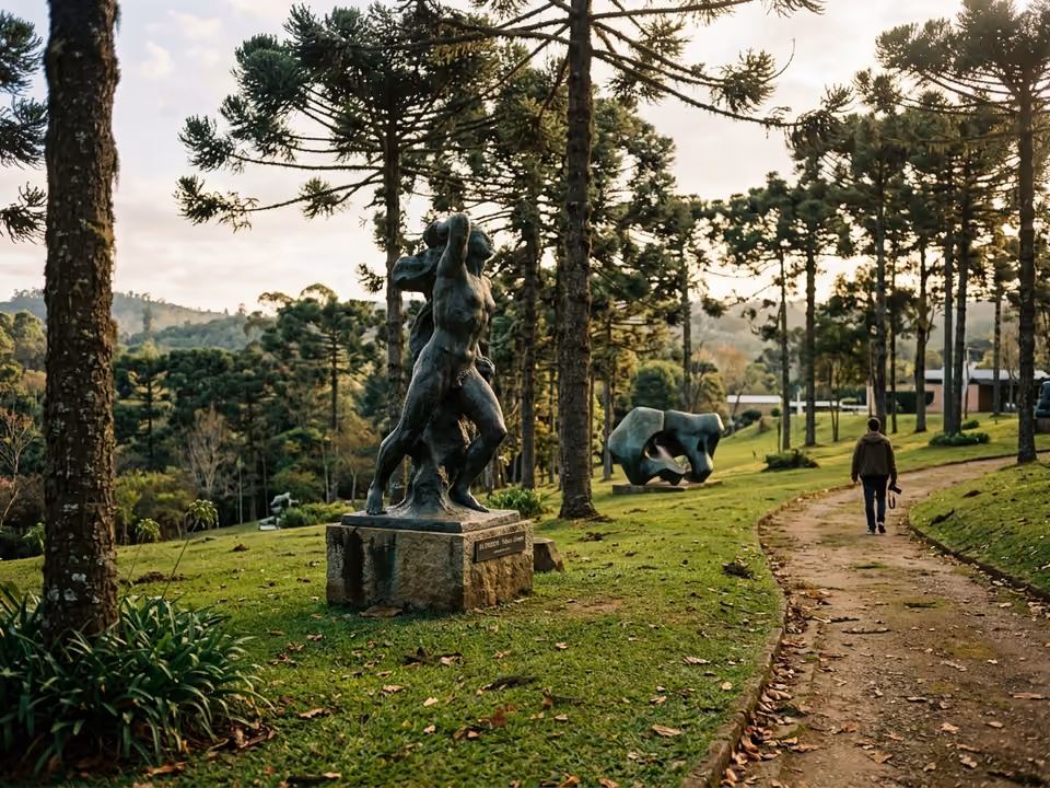 Esculturas de bronze sobre gramado entre araucárias no museu a céu aberto Felícia Leirner