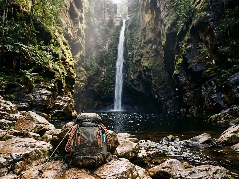 Queda de mais de 100 metros da Cachoeira do Segredo caindo em um poço cercado por paredões de rocha e vegetação de cerrado