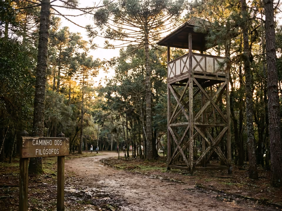 Torre enxaimel e placa do Caminho dos Filósofos na trilha do Bosque Alemão, entre pinheiros