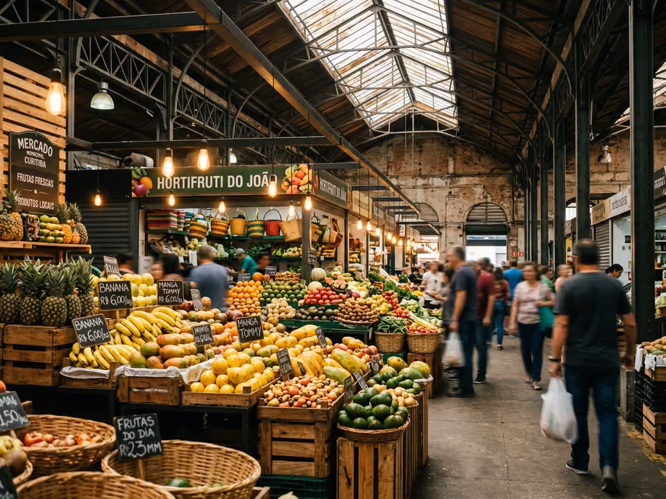 Corredor do Mercado Municipal de Curitiba com bancas de frutas tropicais e luminárias acesas