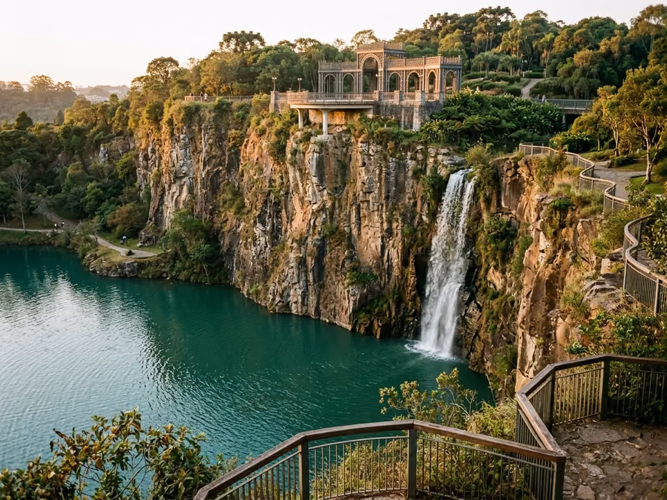 Antiga pedreira do Parque Tanguá com lago esverdeado, cascata no paredão e belvedere no alto