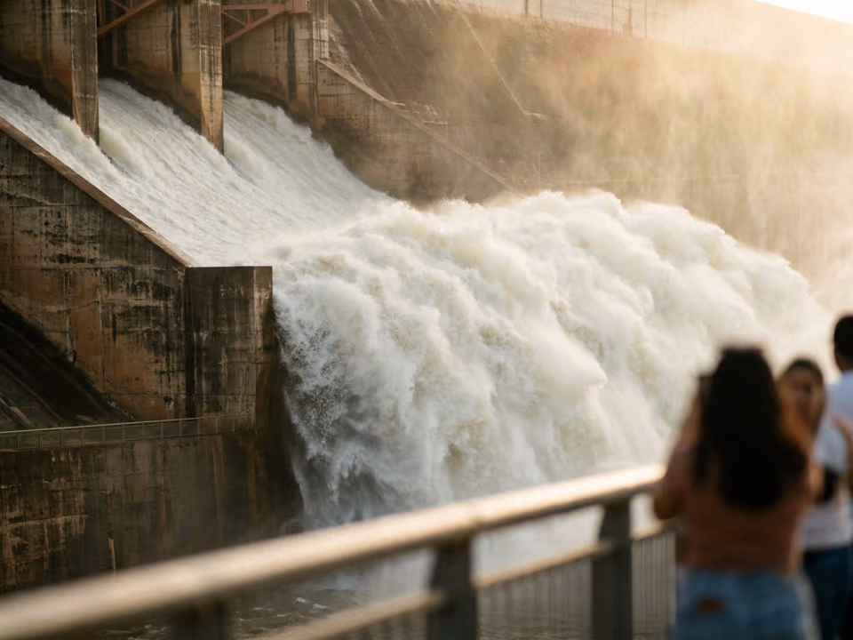 Vertedouro de Itaipu liberando torrente de água espumante visto de perto