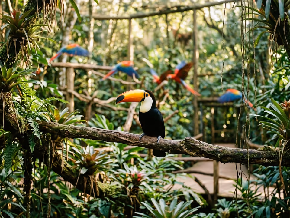 Tucano pousado em galho dentro de viveiro imersivo, com araras coloridas desfocadas ao fundo