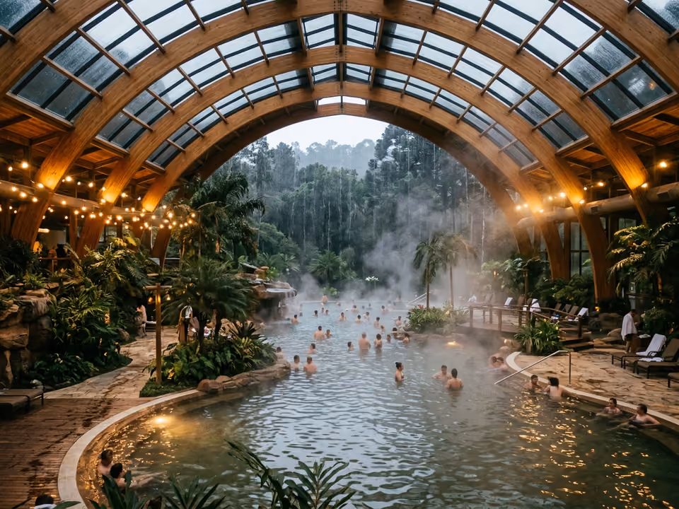 Piscina de águas termais do Acquamotion soltando vapor em dia frio na Serra Gaúcha