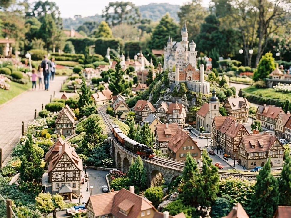 Miniaturas em escala 1:24 do Mini Mundo, com casas de estilo europeu e trenzinho no jardim