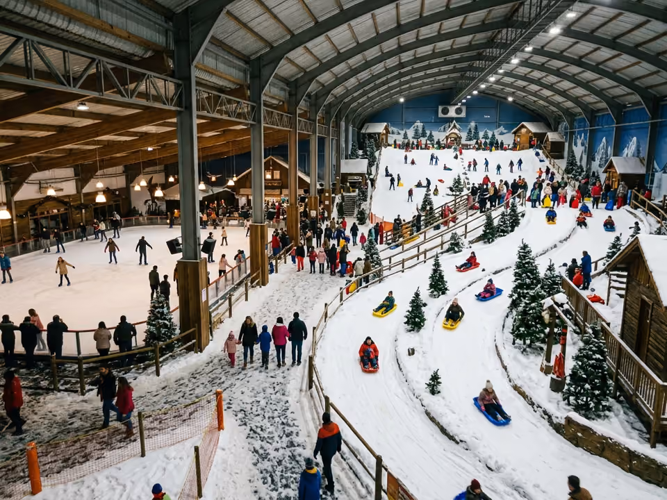 Pista de neve artificial coberta do Snowland, com visitantes de roupa térmica brincando na neve