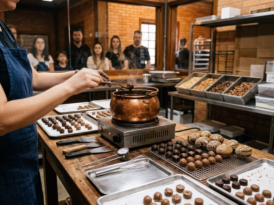 Tour guiado em fábrica de chocolate de Gramado, com tacho de chocolate derretido e bombons na esteira
