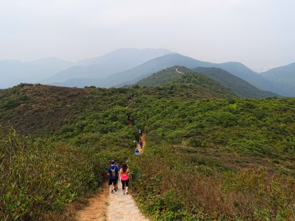 Trilha do Dragon's Back, em Hong Kong, com vista da costa e das colinas verdes