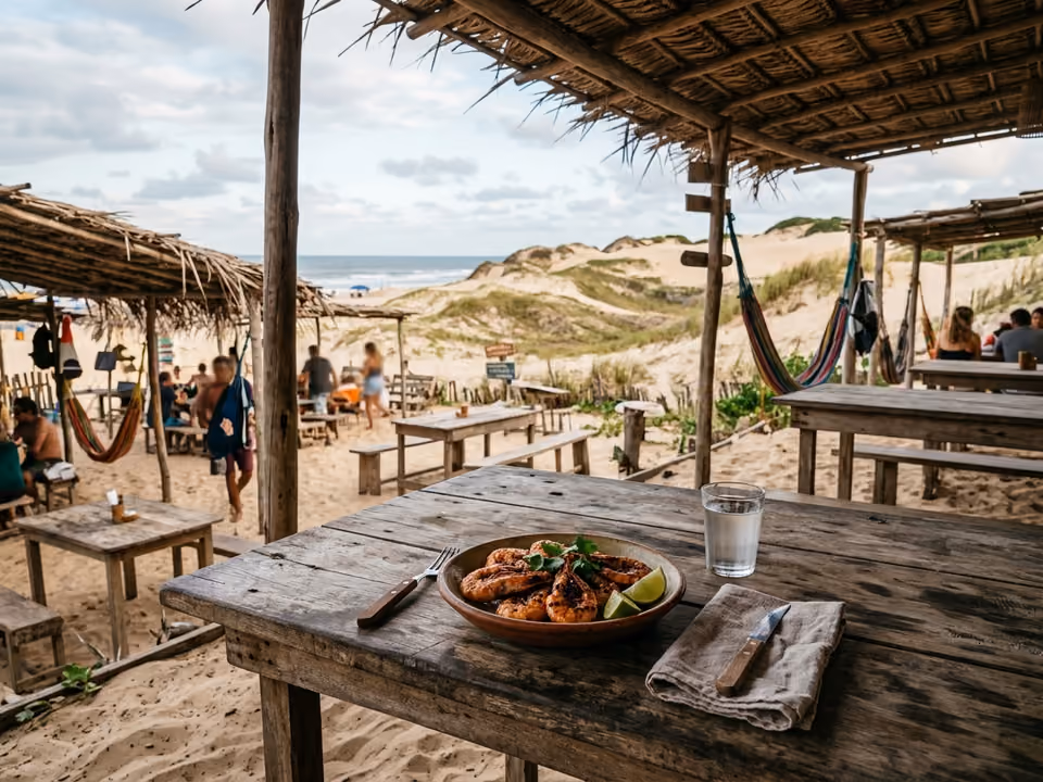 Restaurante rústico a céu aberto no meio das dunas, com camarões grelhados em mesa simples de madeira