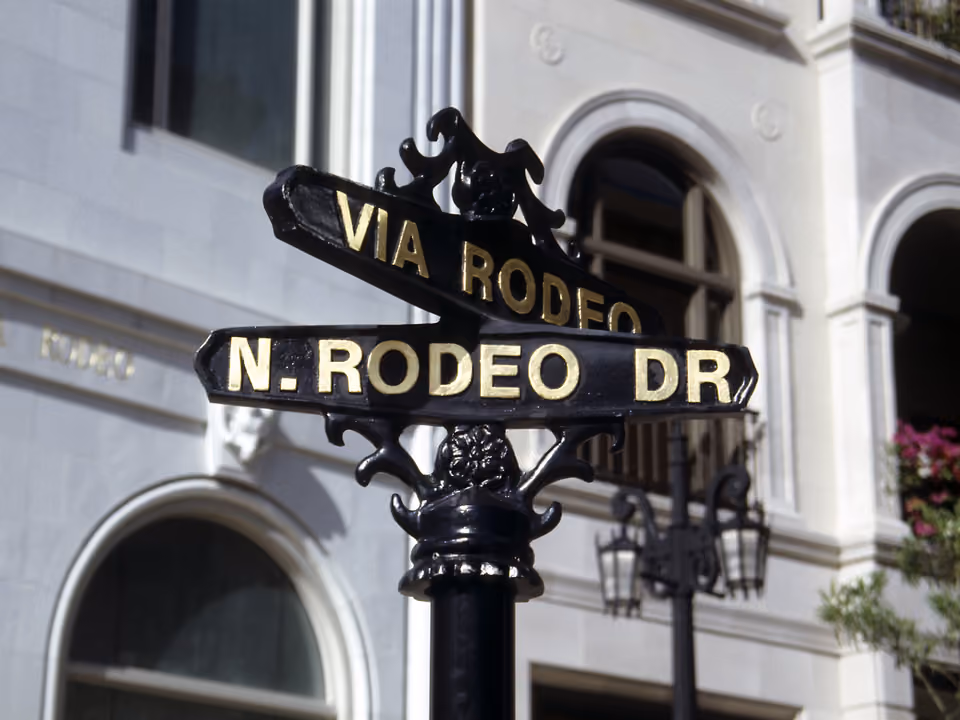 Rodeo Drive em Beverly Hills, Los Angeles, com lojas de grife de luxo e palmeiras ao longo da rua