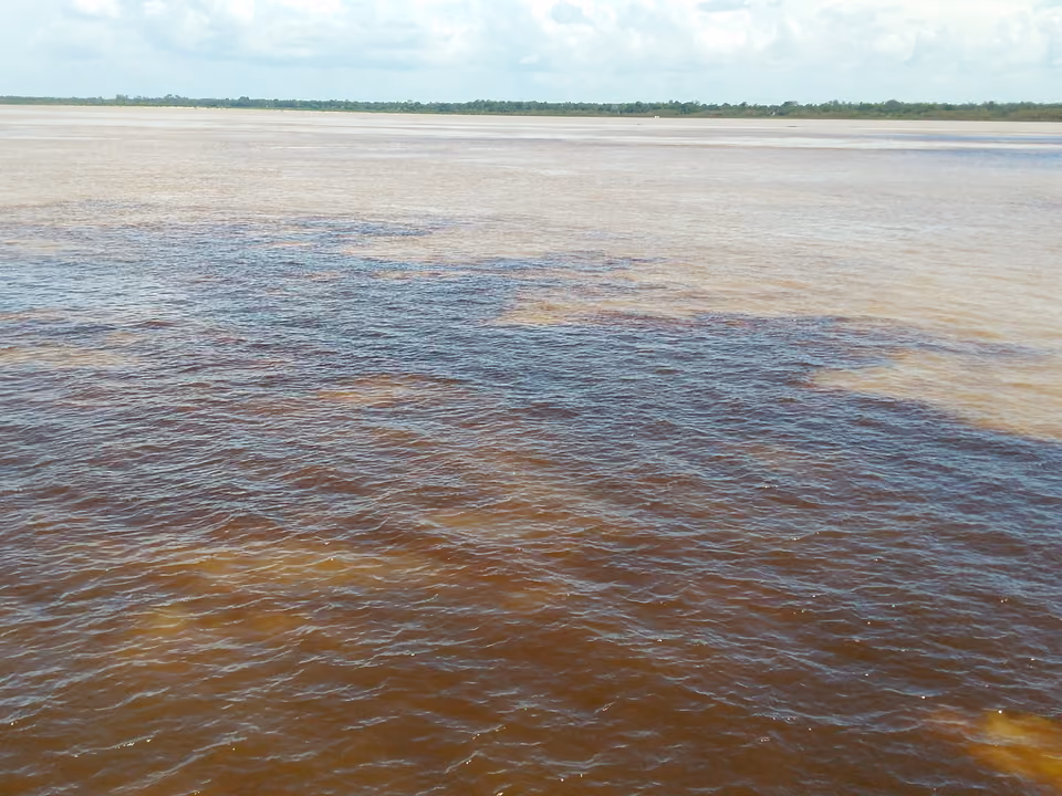 Encontro das águas escuras do Rio Negro com as águas barrentas do Rio Solimões, visto do alto, sem se misturar