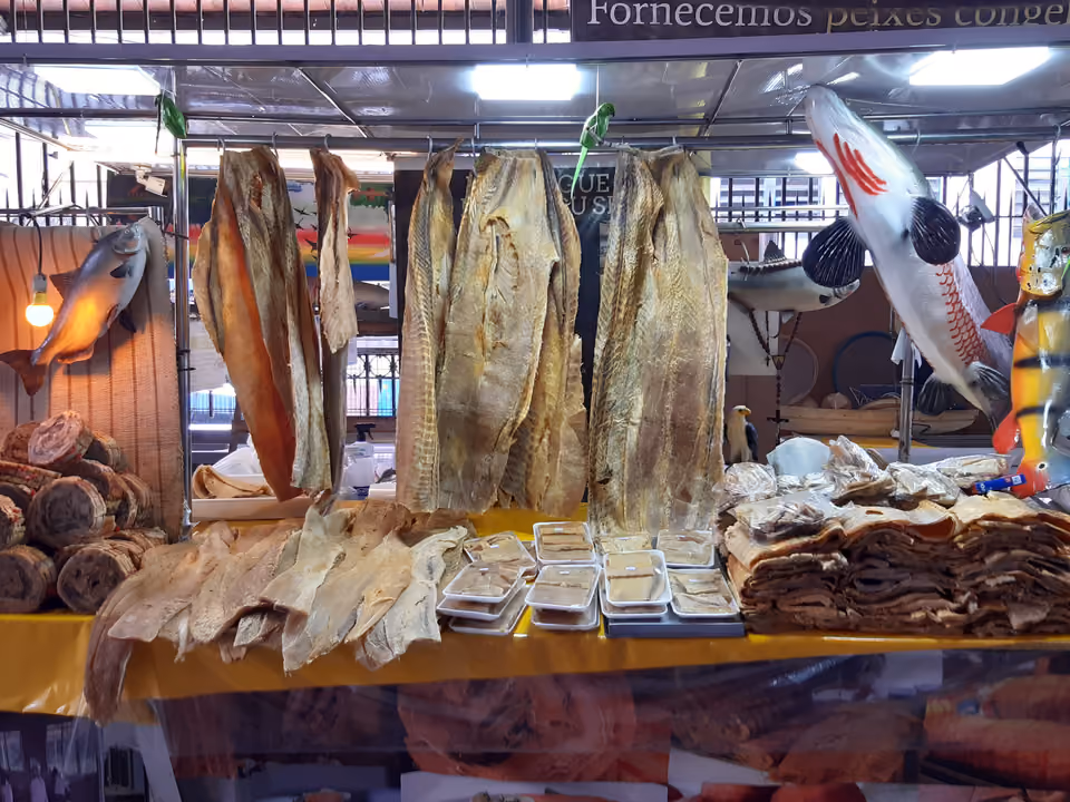 Banca de peixe seco e salgado no Mercado Municipal Adolpho Lisboa, em Manaus, com peixes pendurados para secar