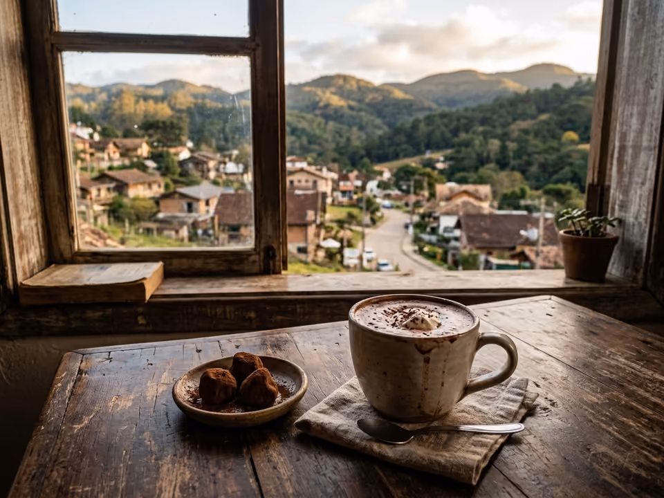 Chocolate quente artesanal e trufas sobre mesa de madeira junto à janela com vista do vilarejo