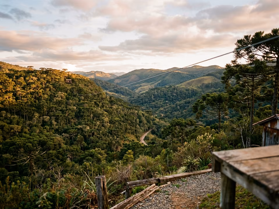 Cabo de tirolesa estendido sobre o vale florestado de araucárias em Monte Verde