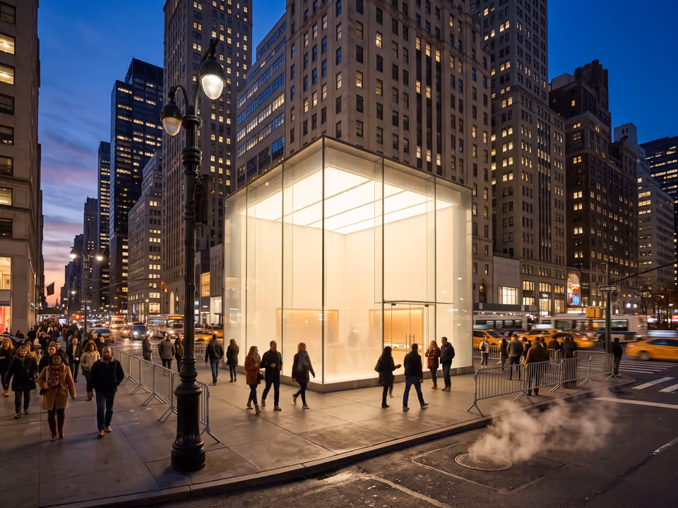 Cubo de vidro iluminado na Fifth Avenue ao entardecer, entre os arranha-céus de Midtown