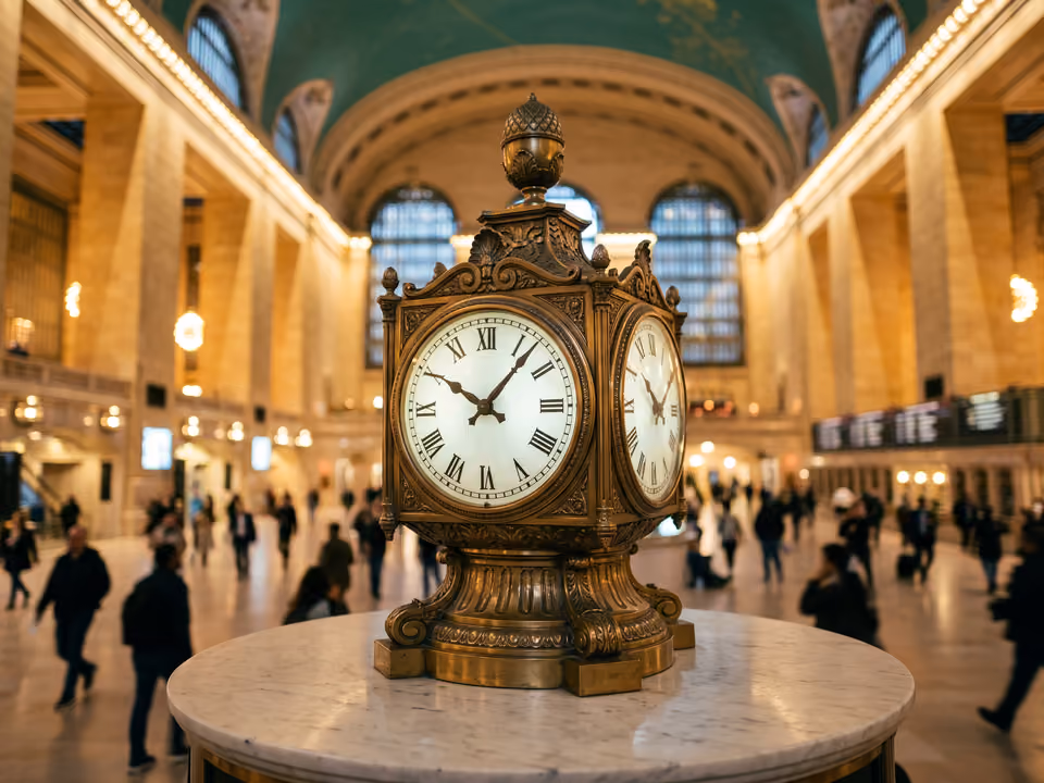 Relógio de bronze de quatro faces sobre a cabine central do Grand Central Terminal, com o salão principal desfocado ao fundo