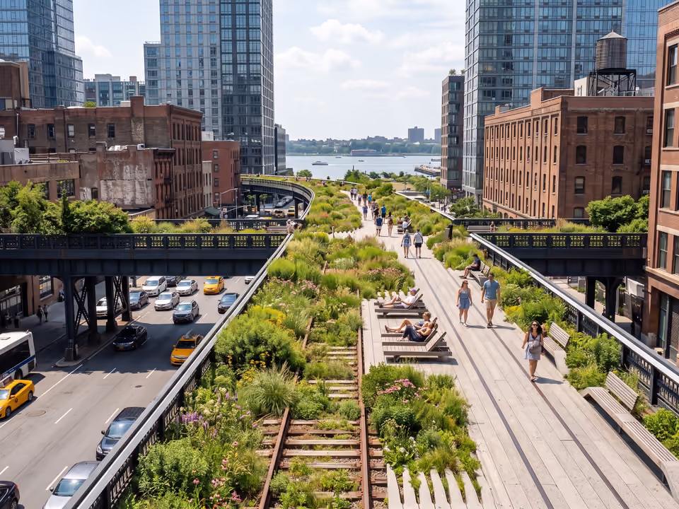 Passarela elevada do High Line com trilhos de trem embutidos entre plantas nativas e prédios ao redor