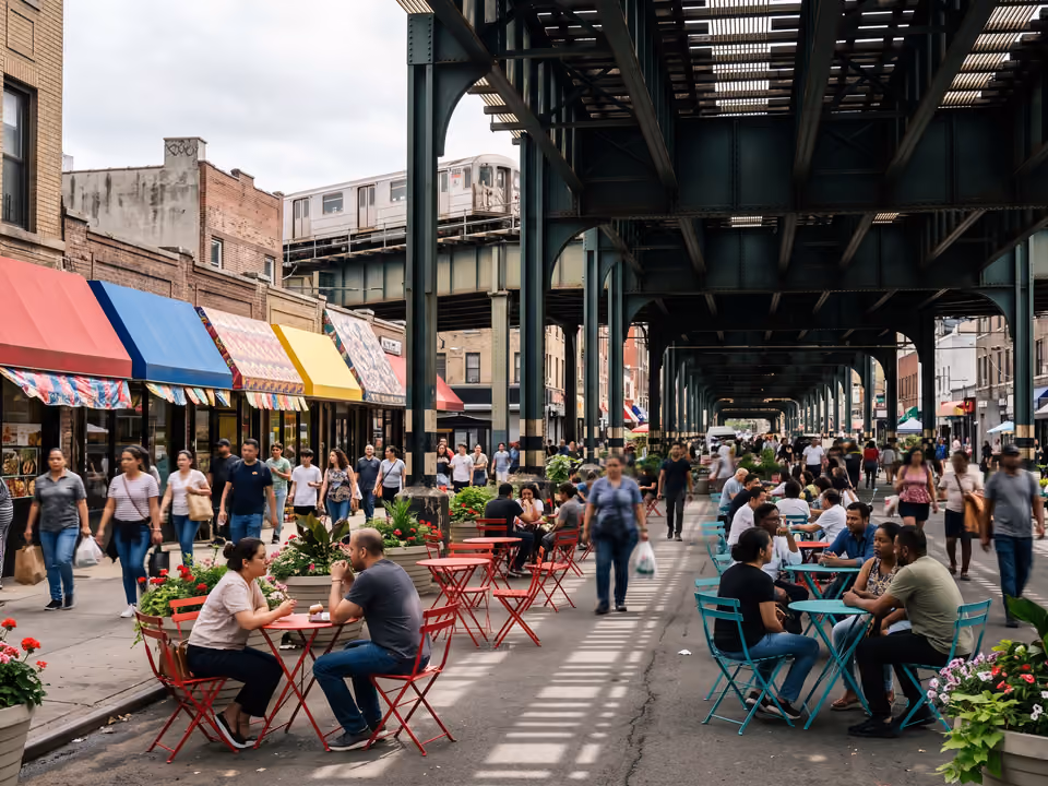 Praça de pedestres em Jackson Heights sob os trilhos elevados do metrô, com mesas e toldos coloridos
