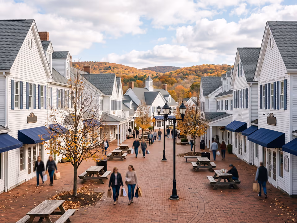 Vila de outlets em estilo Nova Inglaterra no Hudson Valley, com fachadas brancas e persianas azuis no outono