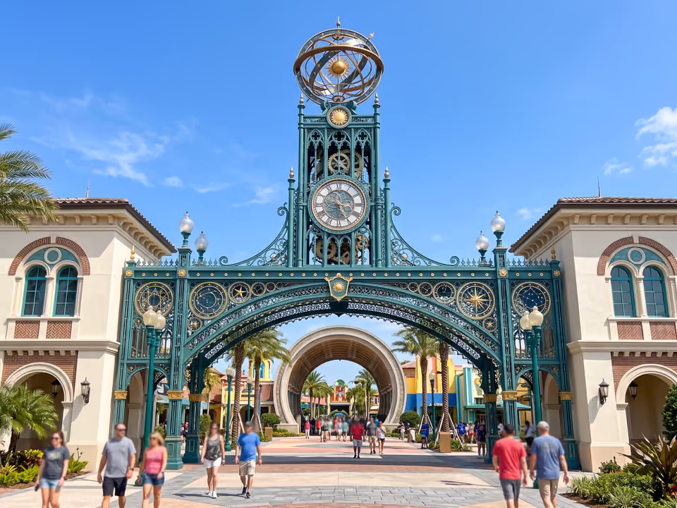Torre-relógio Chronos na entrada do Epic Universe, com esfera armilar dourada sobre arco de ferro verde-água