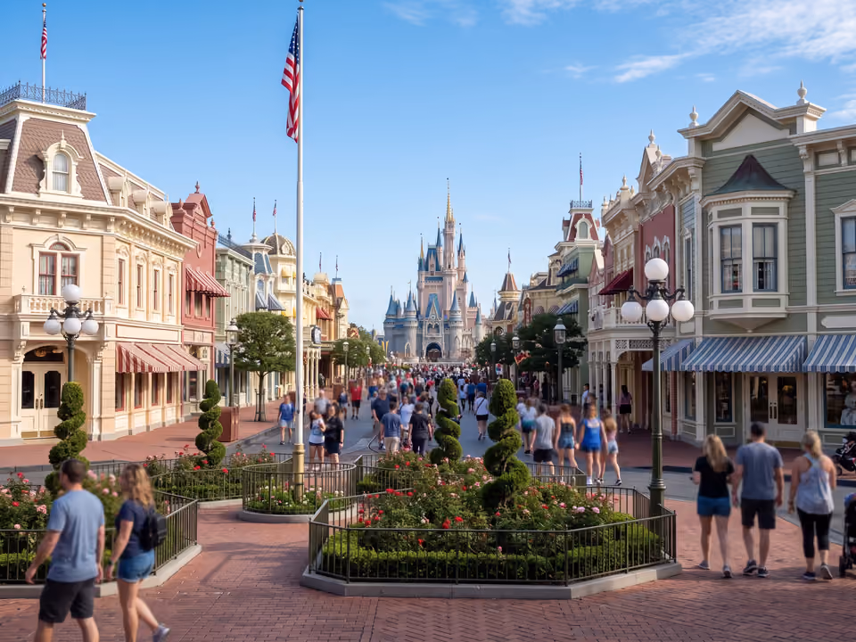 Main Street U.S.A. no Magic Kingdom, com fachadas vitorianas floridas levando até as torres do castelo ao fundo
