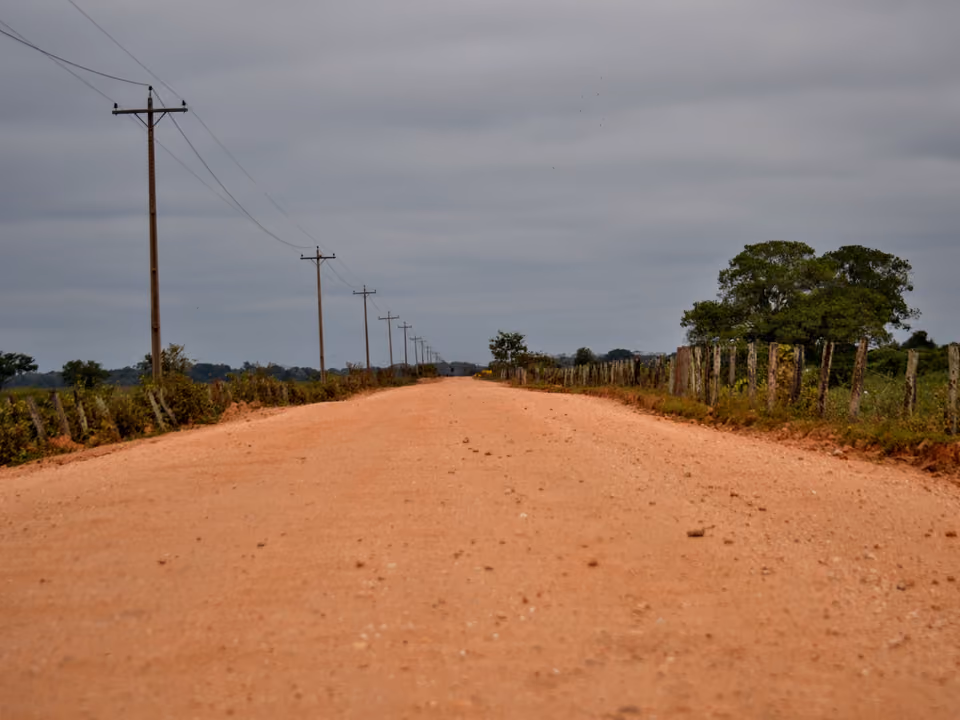Estrada de terra reta da Transpantaneira, cercada de vegetação, sob céu nublado