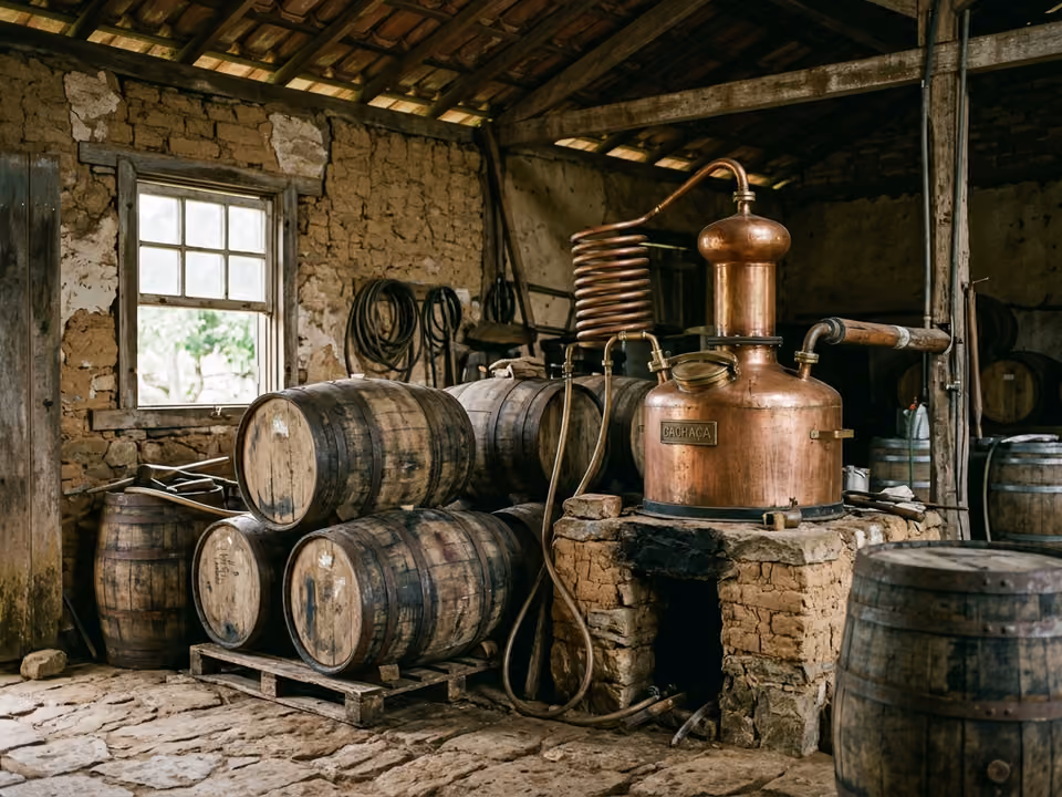 Alambique de cobre e barris de madeira em destilaria artesanal de cachaça na zona rural de Paraty