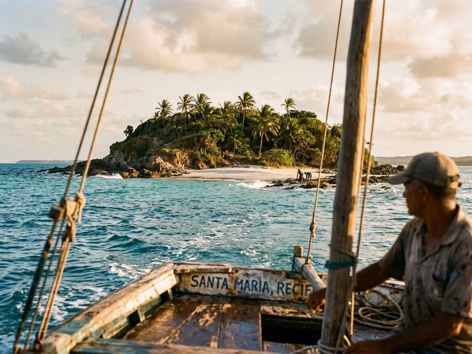 Ilha de Santo Aleixo com praia de areia branca e água turquesa vista do barco se aproximando