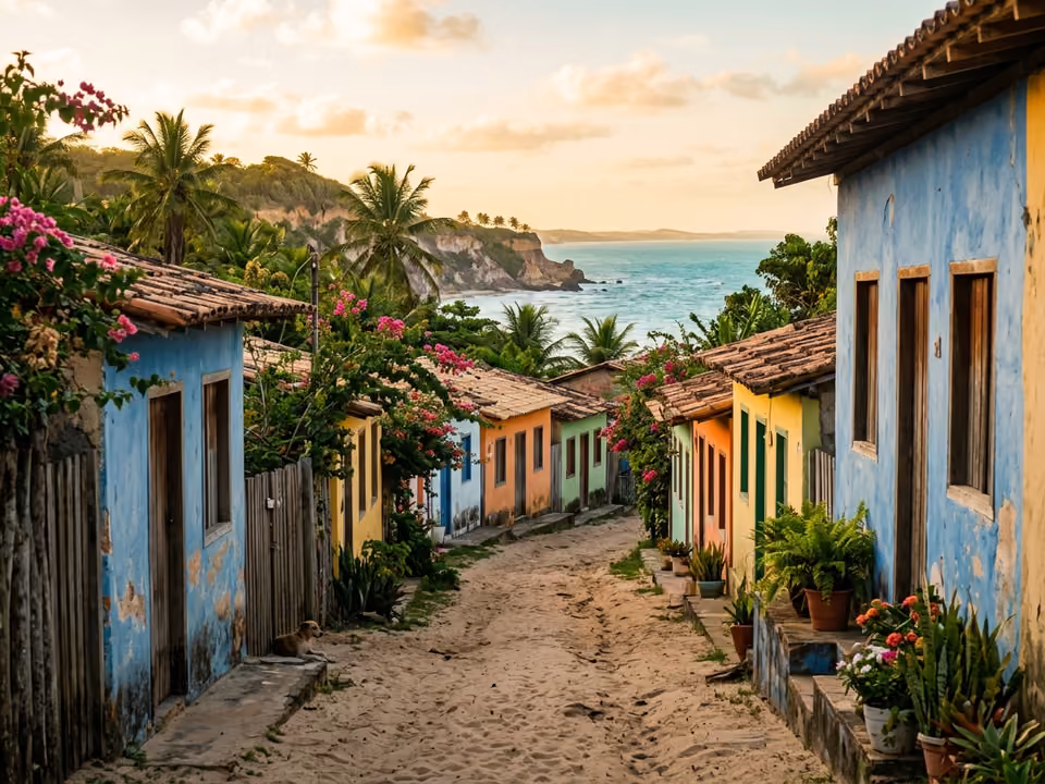 Ruela charmosa de Arraial d'Ajuda com casinhas coloridas, árvores floridas e caminho de areia para as falésias