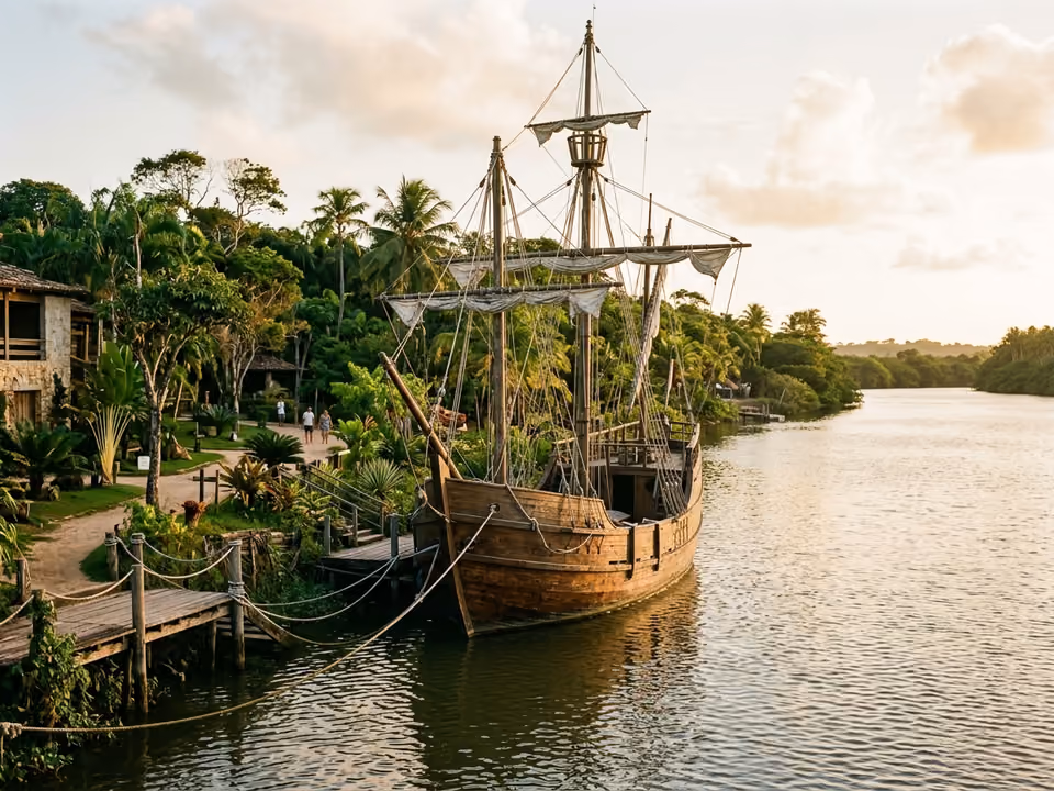 Réplica em tamanho real de caravela portuguesa atracada junto a jardim de museu à beira do rio