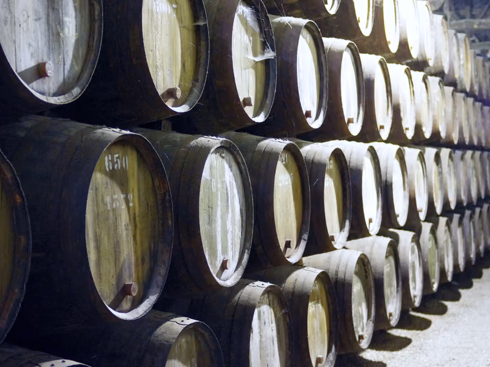 Interior de uma cave de envelhecimento de vinho do Porto em Vila Nova de Gaia, com fileiras de barris de carvalho