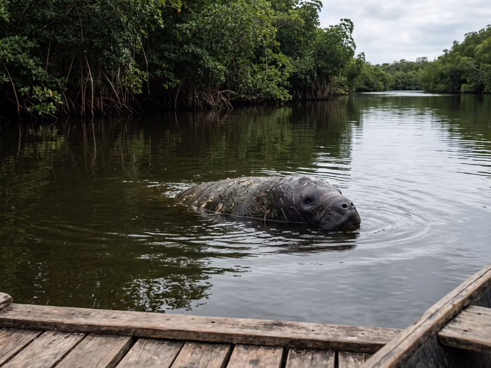 Peixe-boi marinho nadando nas águas calmas do Rio Tatuamunha, junto à vegetação de mangue