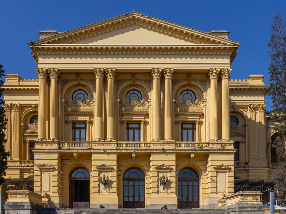 Fachada do Museu do Ipiranga (Museu Paulista) em São Paulo, o palácio eclético amarelo de 1895 com pórtico de colunas e frontão triangular, sob céu azul