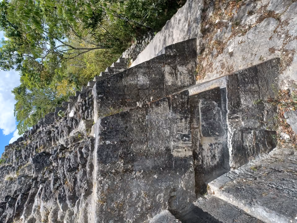Escadaria de pedra do Templo IV em Tikal, cercada por vegetação da selva, Guatemala