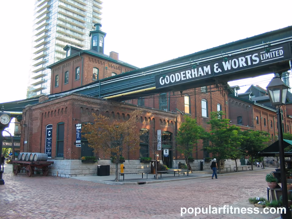 Ruas de paralelepípedo do Distillery District em Toronto, com prédios de tijolo vitorianos convertidos em galeria e loja