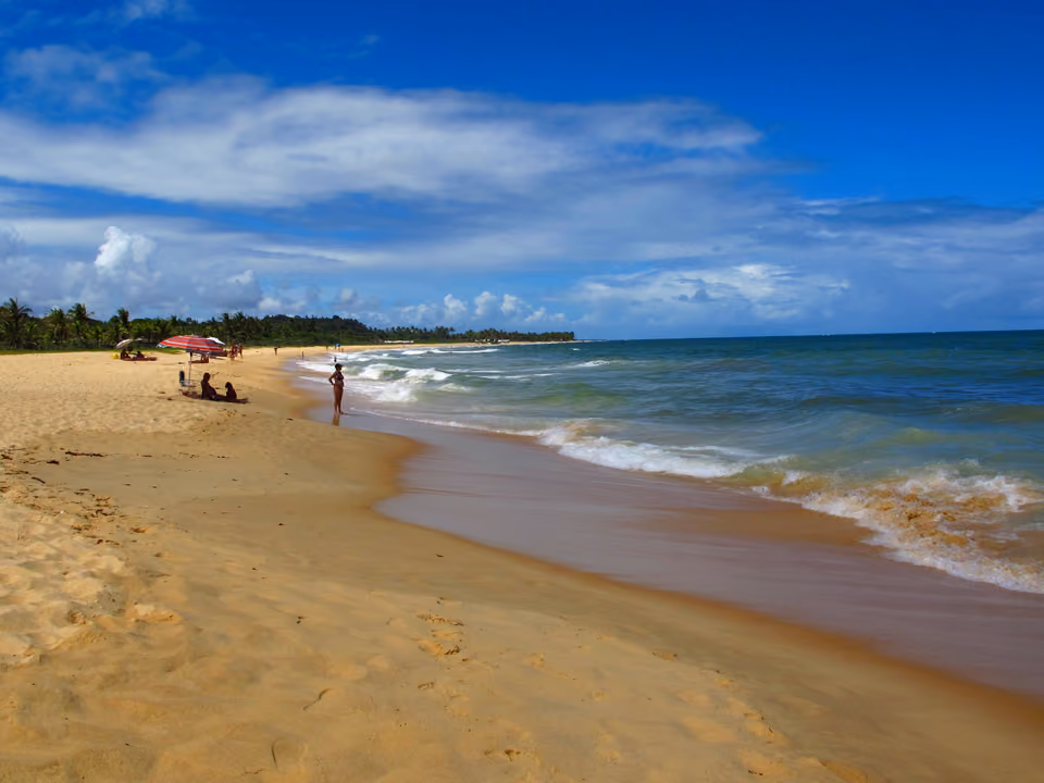 Praia dos Nativos em Trancoso, com coqueiros e mar calmo em tons de verde e azul